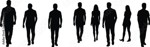 Silhouettes of men and women walking and standing, casual stances, posture study, teamwork, group lineup, body language, social behavior, illustration