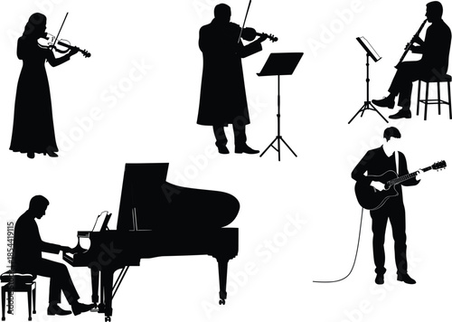 Silhouettes of musicians performing, violinist, pianist, guitarist, clarinetist, music diversity, live performance, artistic expression, ensemble harmony, instrumental stage scene