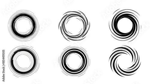 Six abstract black and white swirling vortex or spiral graphic elements