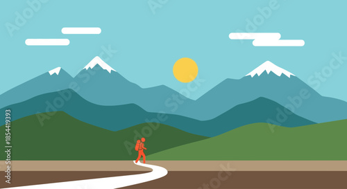 Solo hiker walks on a winding path through a stylized mountain landscape under a sunny sky