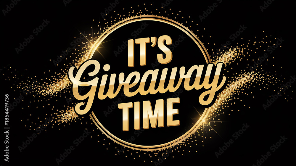 Fototapeta premium Golden text It's Giveaway Time with sparkling gold glitter on black background lettering