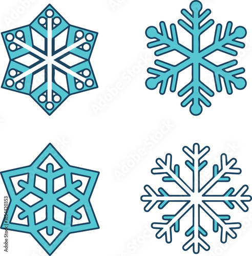 Set of four blue and white stylized snowflake icons vector illustration.