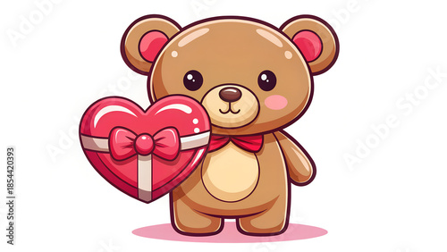 Cute cartoon teddy bear holding a heart shaped gift box, concept of valentine's day present and affection