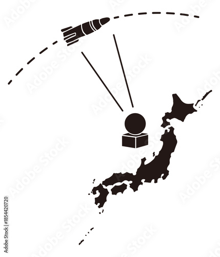 Japan Map and Missile Warning Radar Silhouette Vector Illustration for Security and Defense