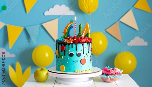 Wallpaper Mural Festive Birthday Cake with Colorful Decorations and Balloons, Perfect for Celebrations. Torontodigital.ca