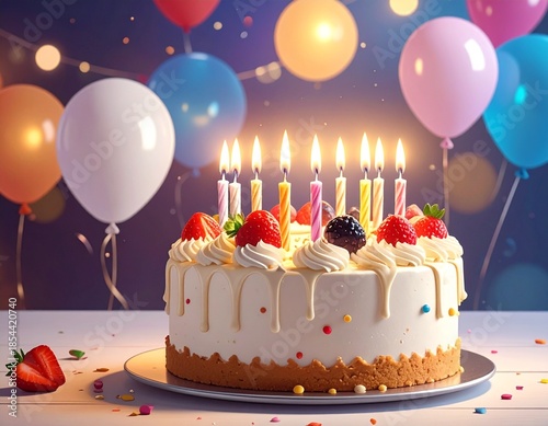 Wallpaper Mural Festive Birthday Cake with Lit Candles and Colorful Balloons in Celebration. Torontodigital.ca