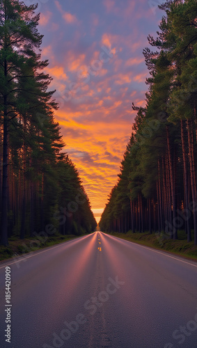 Vibrant sunset over a long straight road through a pine forest