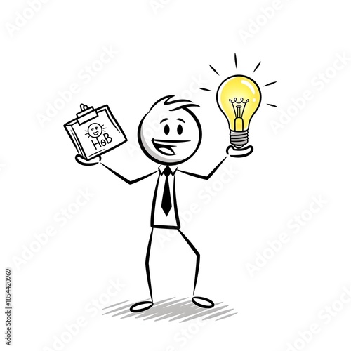 Cartoon businessman holding clipboard and lightbulb.