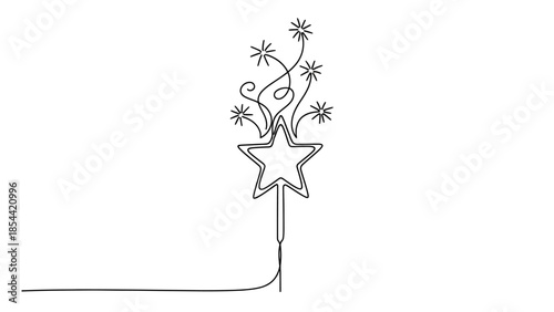Continuous line drawing of a magic star wand with sparkles, fantasy illustration