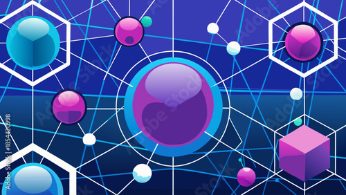 Vibrant Abstract Digital Network Grid Illustrating Interconnected Glossy Spheres, Cubes, and Hexagons for Modern Technology Concepts.