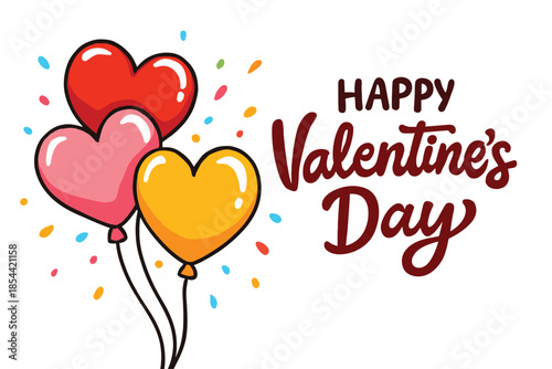 Bright cartoon balloons in red, pink, and yellow float with confetti, delivering a warm, joyful Valentine's Day vibe perfect for greeting cards, promotions, and festive campaigns.
