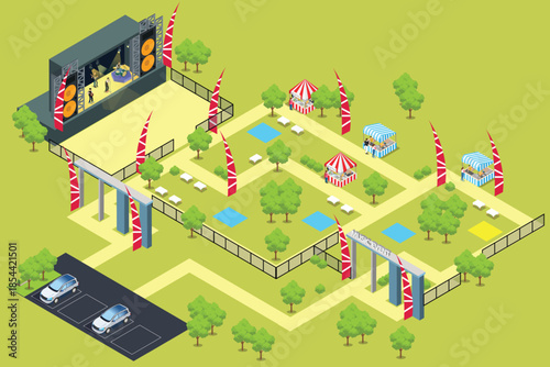 Amusement park isometric composition with carousel circus tent ticket cashier kiosk and people with children vector illustration