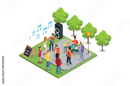 3D Isometric Flat Vector Illustration of Park Fun Party, Outdoor Entertainment
