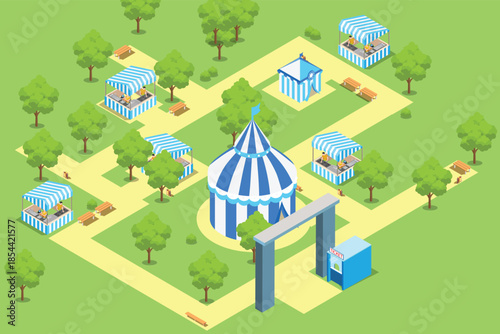 Amusement park isometric composition with carousel circus tent ticket cashier kiosk and people with children vector illustration