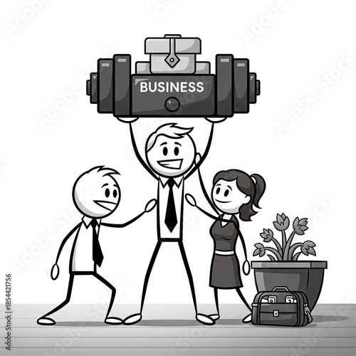 Cartoon Businessman Lifting Weights with Colleagues.