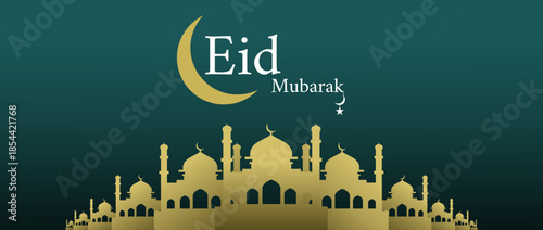 Eid Mubarak Islamic Background with Golden Mosque Silhouette and Crescent Moon