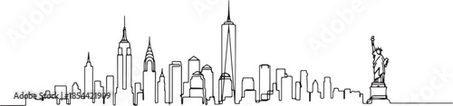 New York City skyline, continuous single line art illustration, isolated 