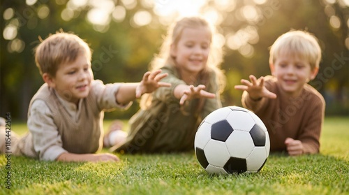 Low angle close-up of soccer ball on grass with three happy children reaching for it during sunset symbolizing teamwork and sports play.