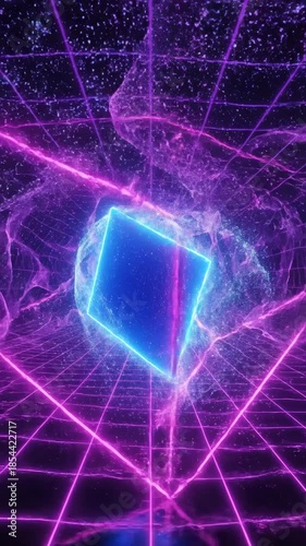 Abstract Neon Grid Portal With Glowing Blue Cube And Purple Energy In Dark Space