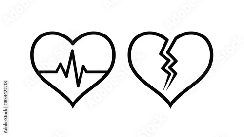 Broken Heart with Heartbeat Line in Simple Line Art Style on White Background for Health Awareness