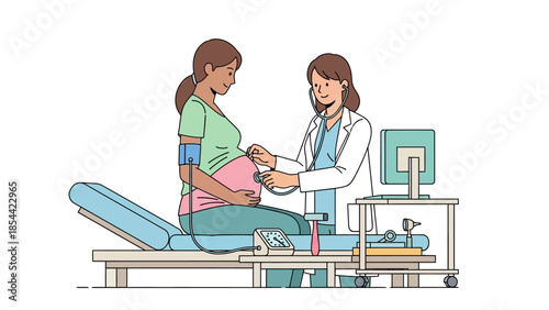Pregnant woman receiving check-up from female doctor in clinic