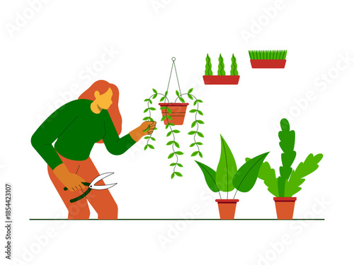 Woman pruning vertical indoor garden with green plants at home. Urban farming vector illustration. Flat illustration concept.