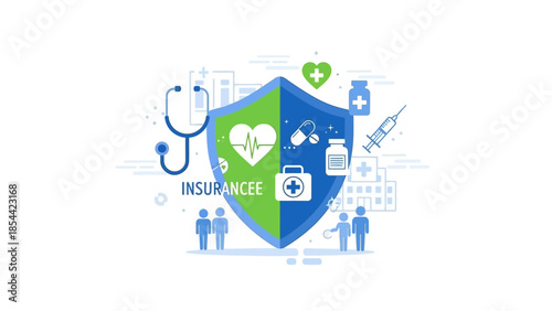Health insurance concept with medical icons and shield illustration