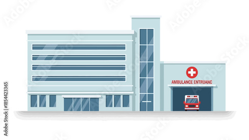 Modern hospital building with ambulance entrance and emergency vehicle