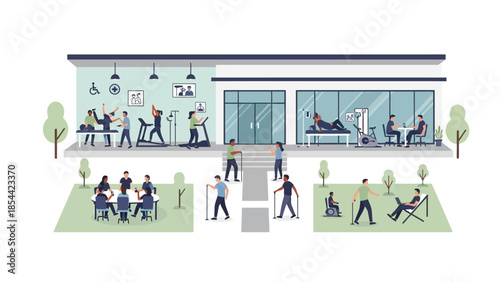 Modern coworking space with diverse professionals engaging in activities