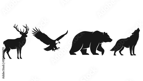 Wild animal silhouettes in a row deer eagle bear wolf vector illustration