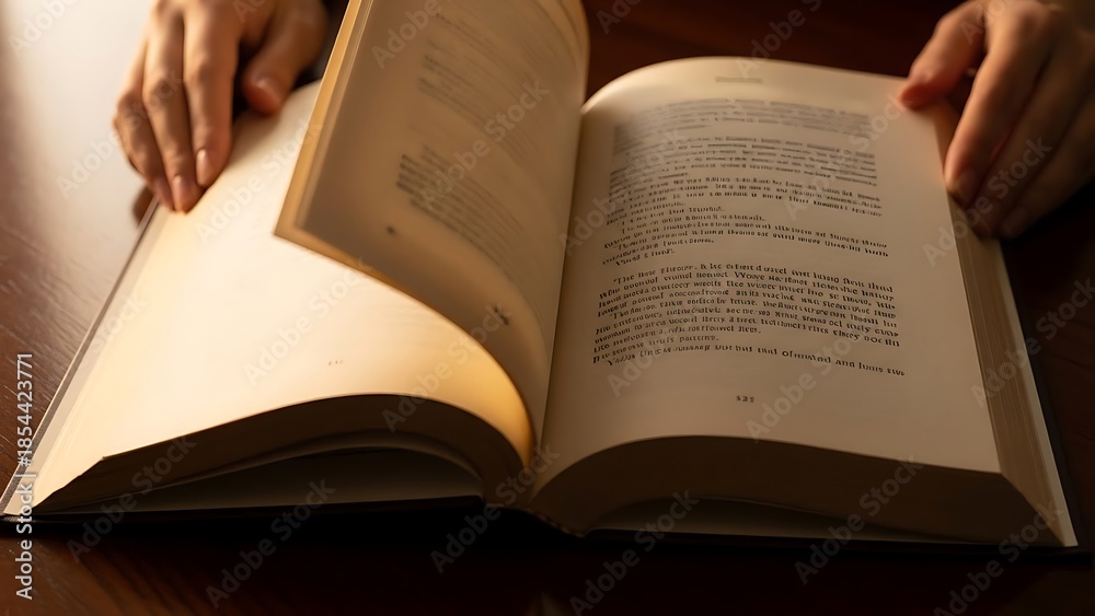 Fototapeta premium Hands turning pages of an old book, revealing ancient wisdom and knowledge.
