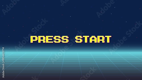 PRESS START. insert coin to continue. pixel art 8 bit. Retro Futurism Sci-Fi Background.	