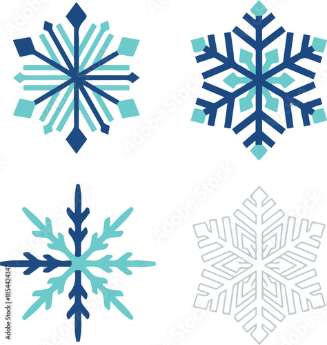 Set of four assorted geometric and decorative snowflake icons in blue and teal shades vector illustration.