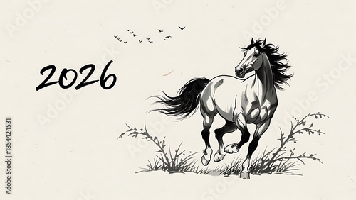Illustration of a galloping horse with the year 2026 and birds in flight
