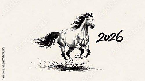 Black and white illustration of a galloping horse with the year 2026