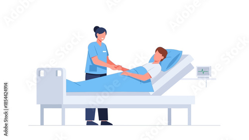 Nurse caring for patient in hospital bed with medical equipment