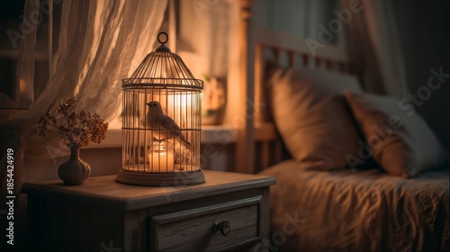 Bird in cage nighttime interior