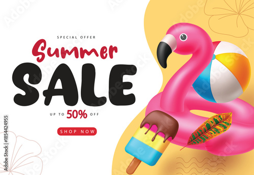 Summer Sale Banner 50% Off with 3D Flamingo Float, Beach Ball, Popsicle, and Yellow Wavy Background