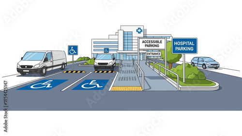 Illustration of Accessible Parking Area at Modern Hospital Entrance