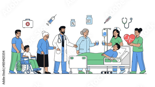 Healthcare professionals caring for elderly patient in hospital setting