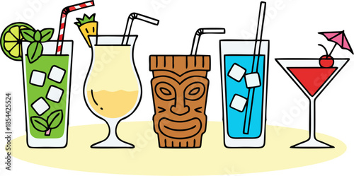 Caribbean Tropical Cocktails Line Icon Set – Flat Minimal Illustration of Mojito, Piña Colada, Tiki Drink, Blue Lagoon and Martini on Soft Yellow Background
