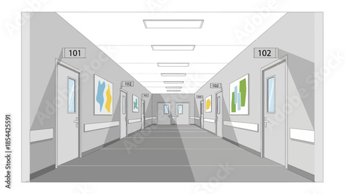 Modern hospital corridor with numbered doors and abstract art