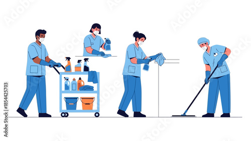 Professional cleaning team in action with supplies and equipment