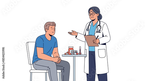 Doctor consulting patient with medication on table in medical office