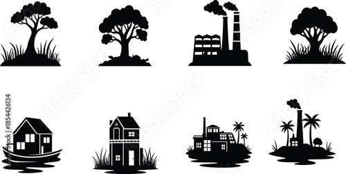 Nature and industry landscape silhouettes with trees, houses, factories, environmental contrast, black vector illustration set for ecology and urban concepts