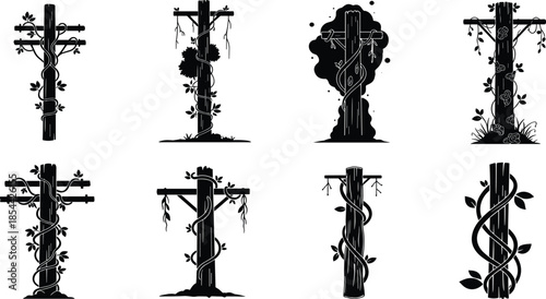 Nature and utility pole fusion silhouettes set, vines and plants growing on wooden posts, black vector illustration, eco urban concept