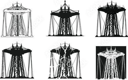 Parachute drop tower silhouettes, amusement ride structure, vertical thrill attraction, cable-supported design, theme park architecture, black and white illustration