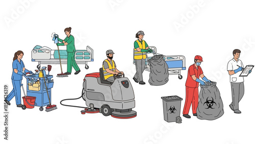 Healthcare and Sanitation Workers Performing Hospital Cleaning Duties