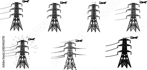 Transmission tower airplane collision sequence, infrastructure damage illustration, high voltage crash, power grid failure, silhouette disaster, engineering risk visualization