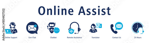 Online Assist banner with icons of Online Support, Live Chat, Chatbot, Remote Assistance, Translator, Contact Us and 24 Hours.